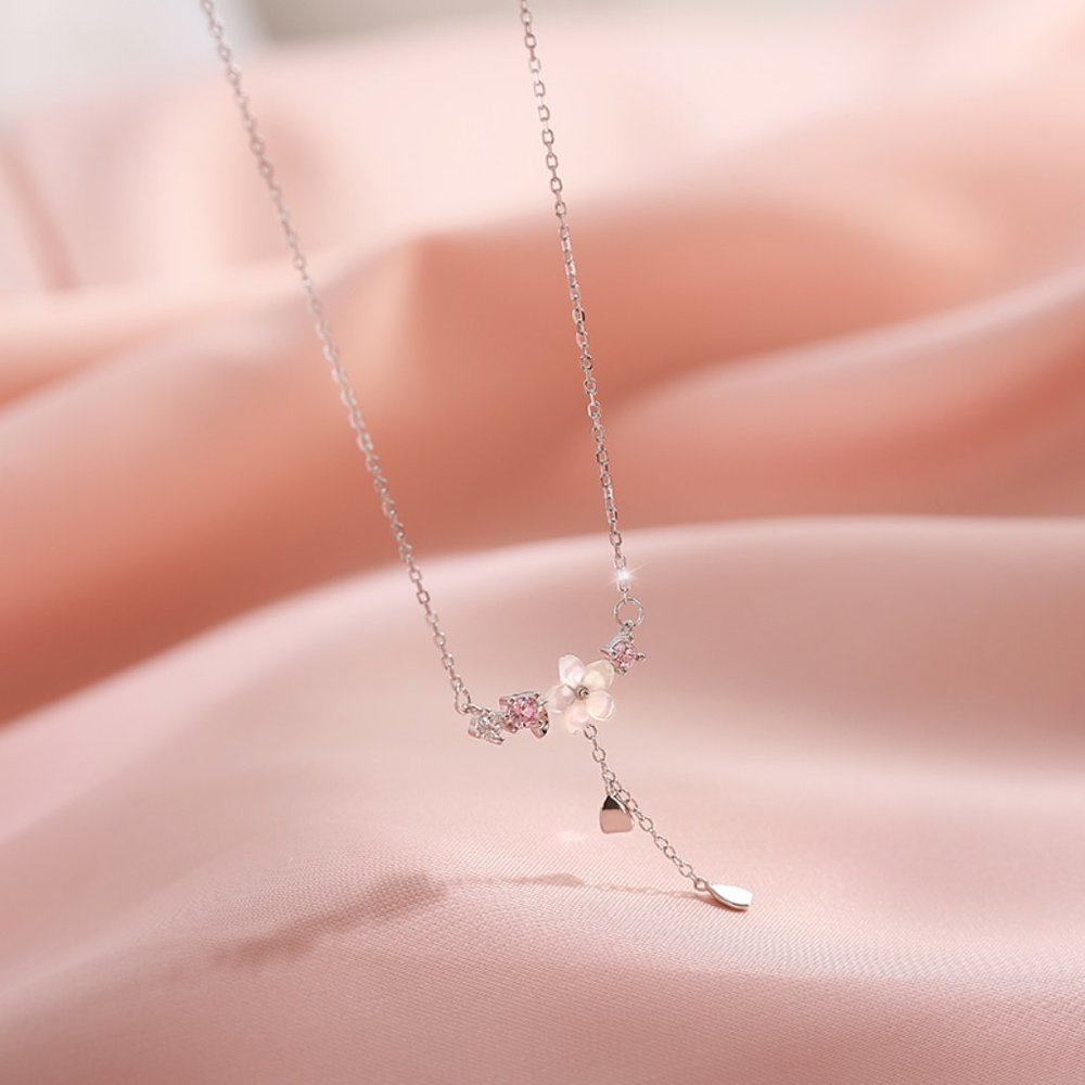 NEW Silver Cherry Flower Shell Long Tassel Necklace - Picture 6 of 9